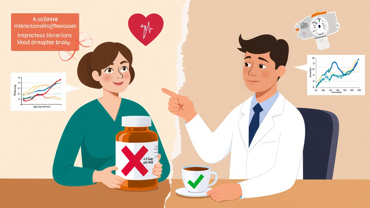 A doctor and patient at a clinic, with a supplement bottle marked X and a safe teacup beside them.