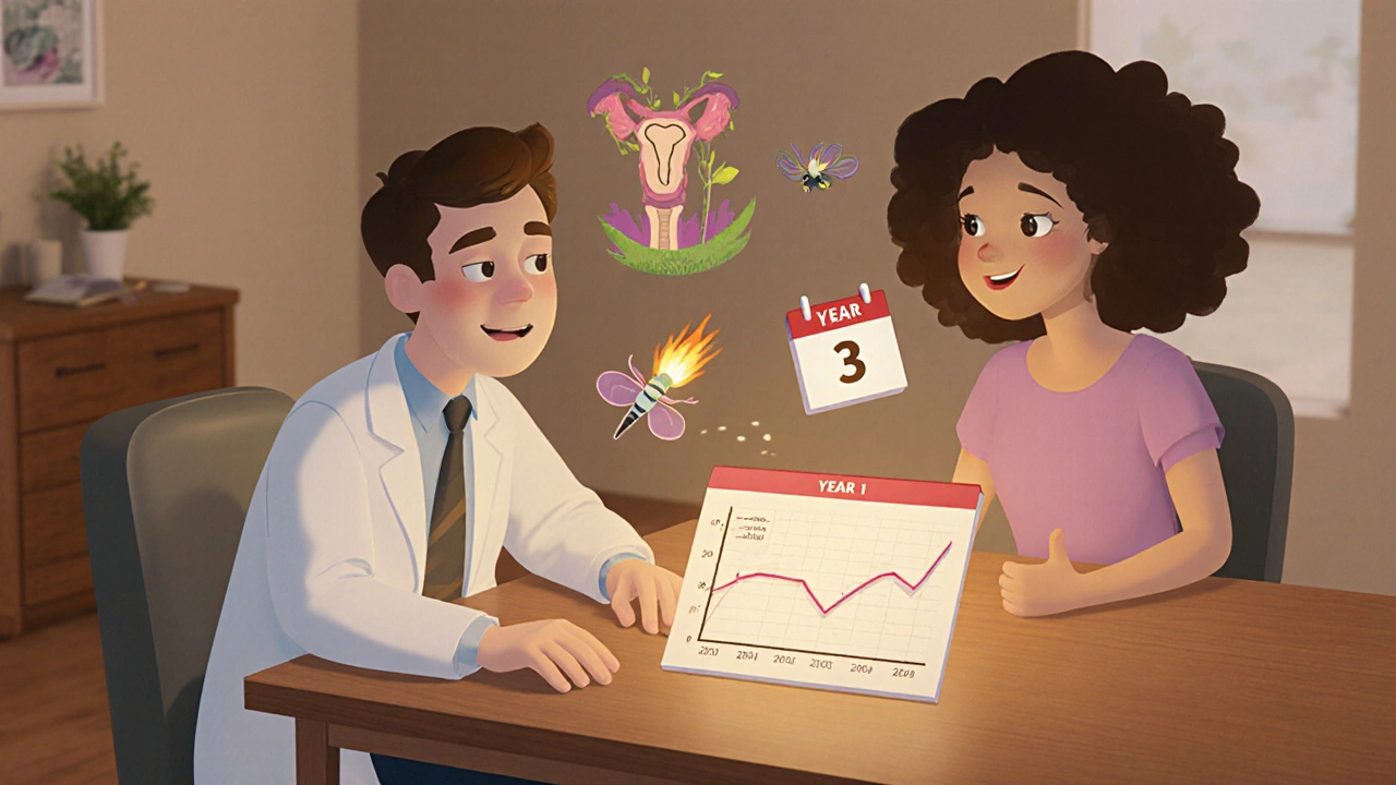 A doctor and patient reviewing a glowing chart of stabilizing hormones with symbolic bones and vaginal ring.