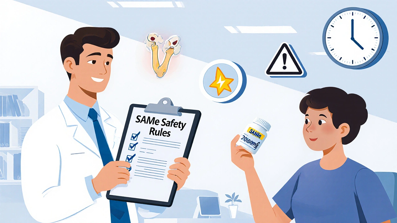 A doctor and patient with a SAMe tablet, fridge icon, and safety checklist in a bright medical office.