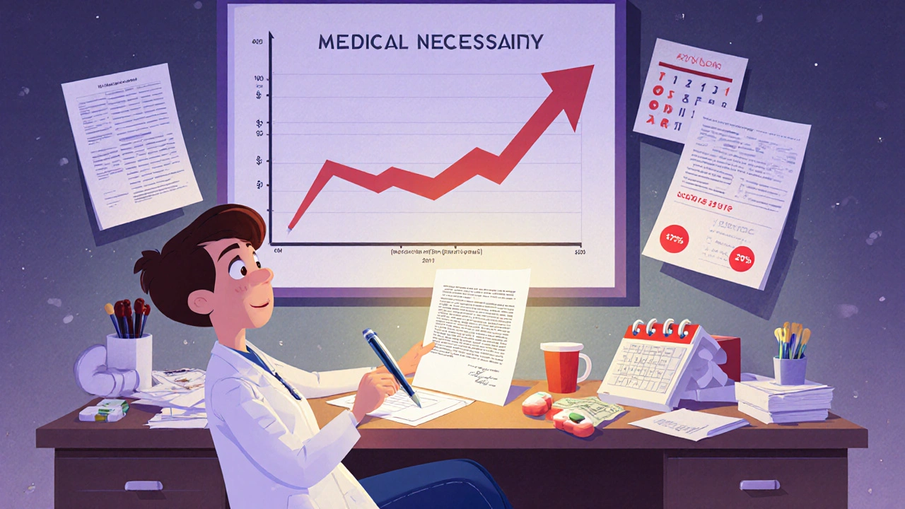 A doctor writes a medical necessity letter while animated graphs show health improvements with brand-name medication over generics.