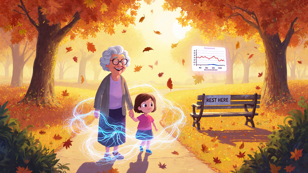 A grandmother walking with her granddaughter in a park, healthy nerves glowing beneath them as they enjoy the day.