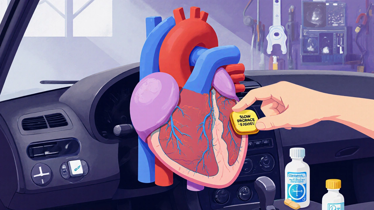 A heart as an engine with a stuck brake, being fixed by carvedilol in a mechanic-style scene.