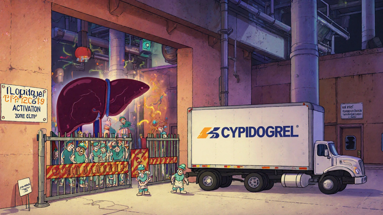 A liver factory with workers blocked by a truck labeled omeprazole, while a small pantoprazole van slips in quietly.