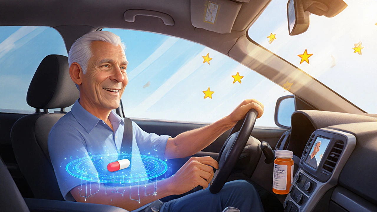 A man driving a car confidently, with glowing blood vessels helping him stay upright and steady.