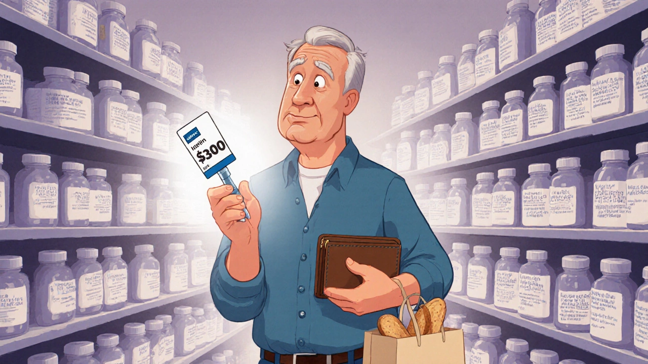 A man stands in a pharmacy holding an expensive insulin pen while clutching an empty wallet.