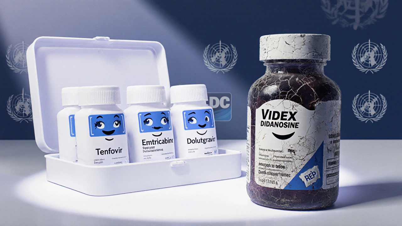 A modern medical toolbox contains safe PEP drugs, while a dusty, retired didanosine bottle sits alone in the corner.