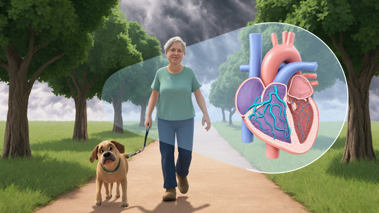 A patient walking with their dog, with a shrinking heart visible inside their chest.