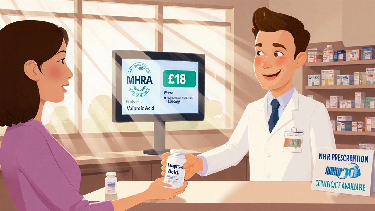 A pharmacist hands a prescription bottle of generic valproic acid to a patient at a licensed UK pharmacy.