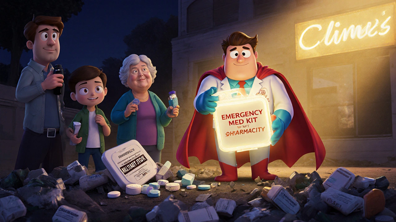 A pharmacist offering a fresh emergency med kit while expired drugs are discarded.