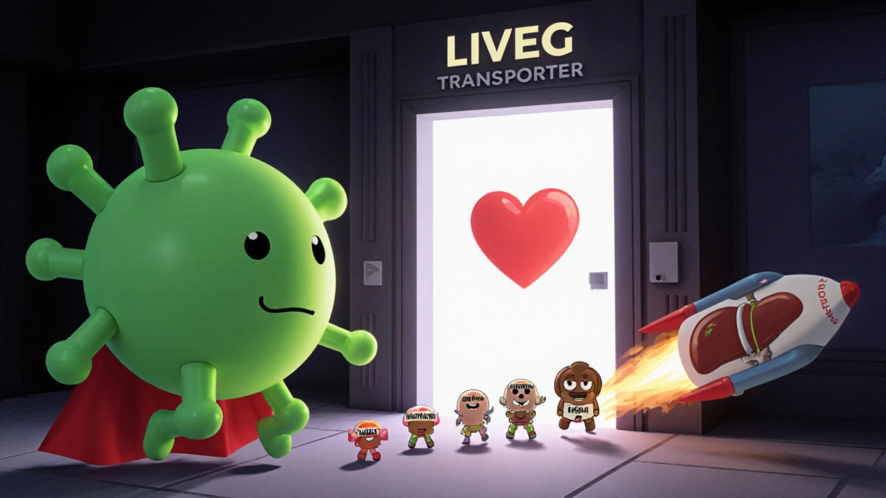 An EGCG molecule blocking drug particles from entering the liver, while caffeine causes a heart to race.