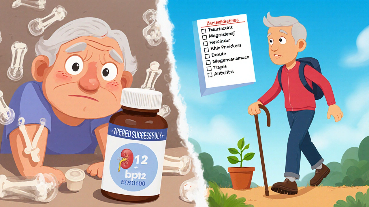 Contrasting images of long-term PPI user vs. successfully tapered person in Pixar cartoon style.
