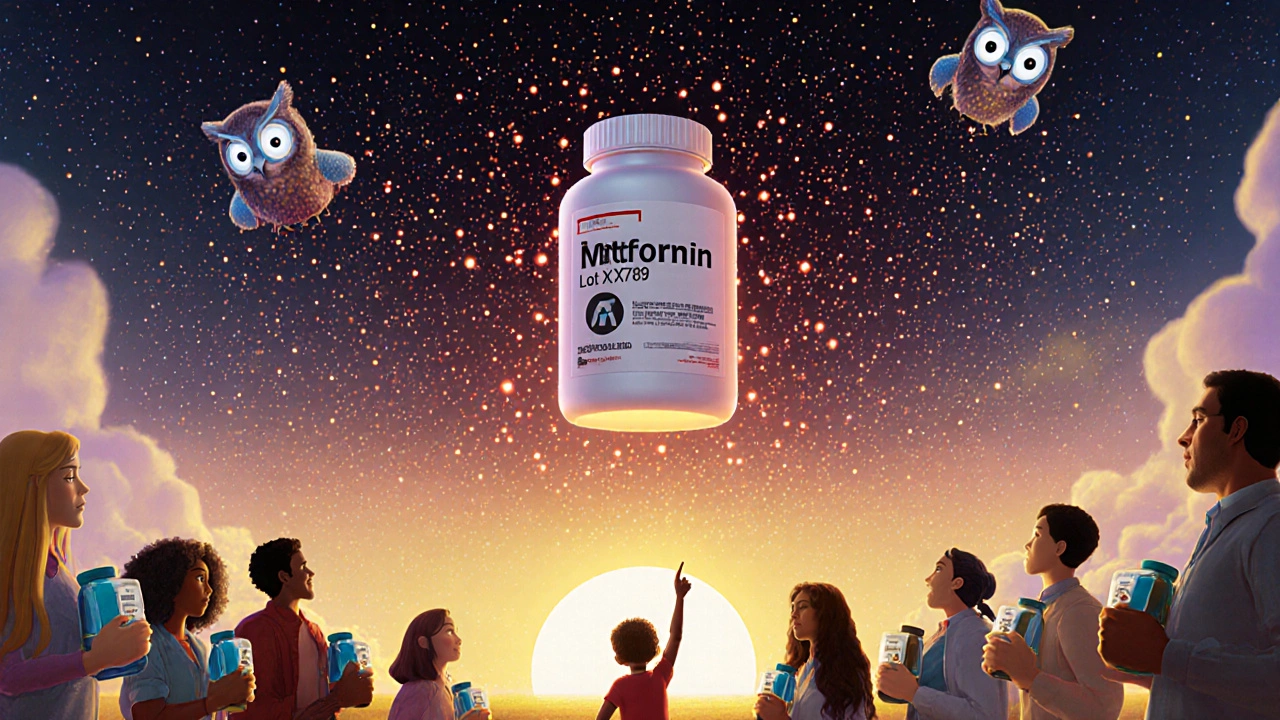 Digital sky dashboard with glowing patient reports forming a warning signal above a drug bottle, community below.