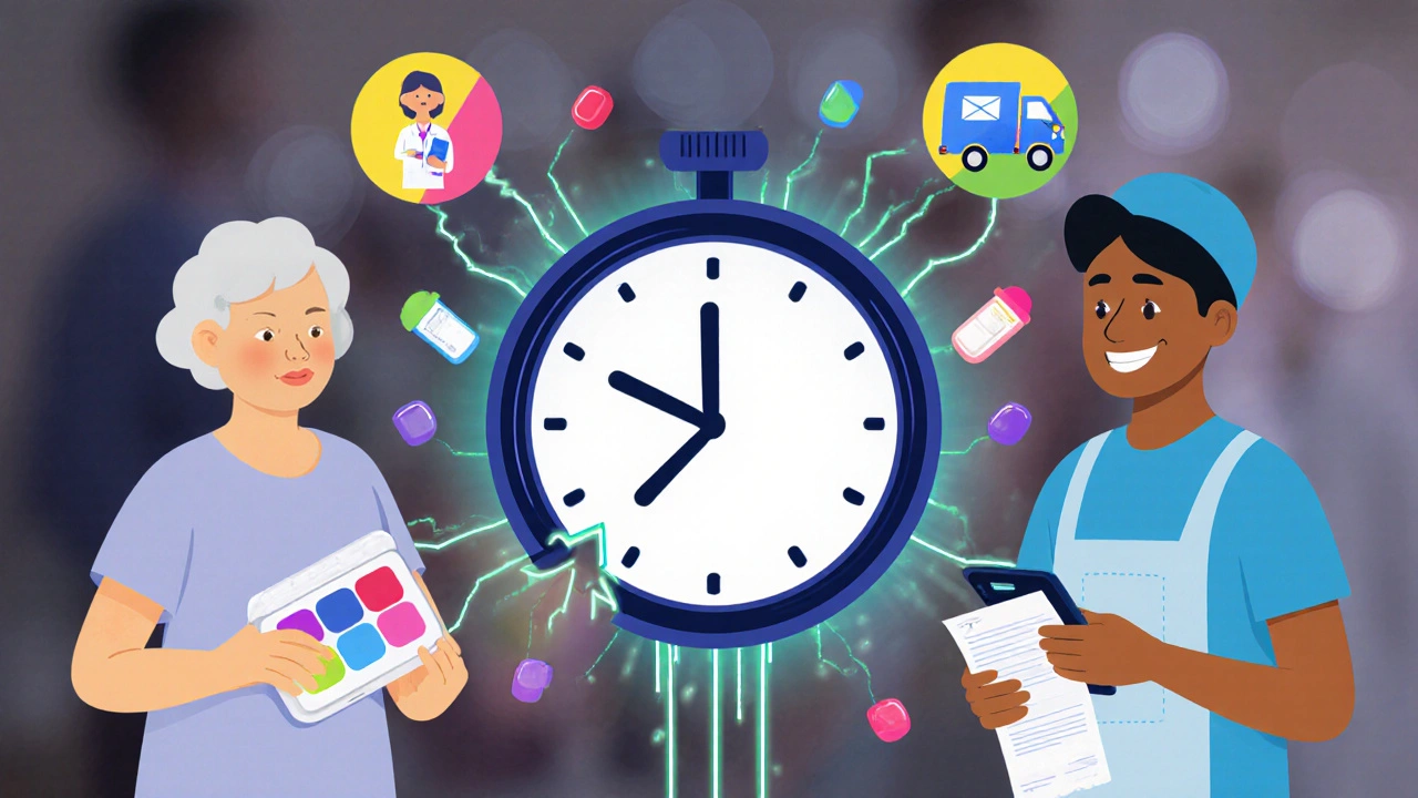 Diverse patients connected to a broken clock, with helpful icons floating around them.