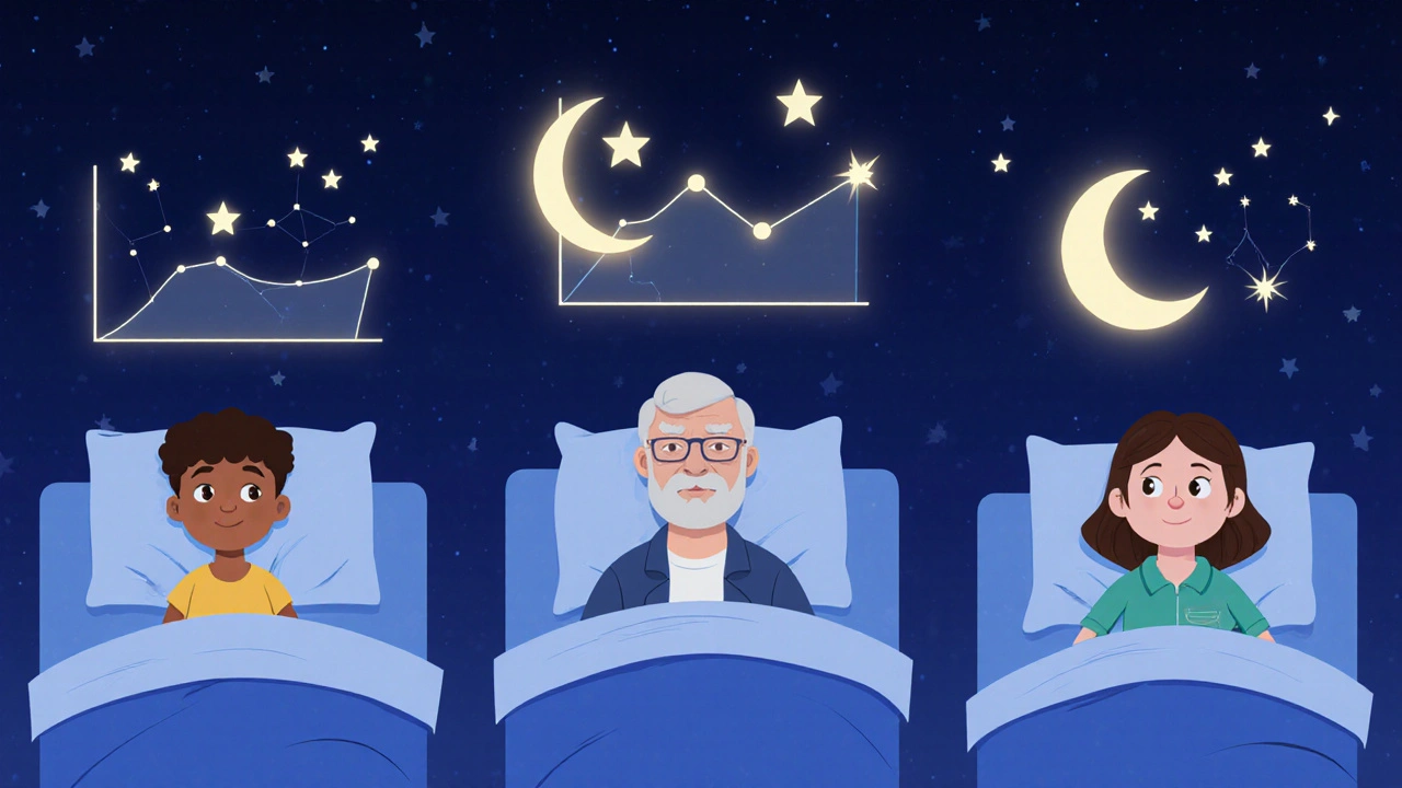 Diverse people sleeping peacefully with friendly digital CBT-I guides as glowing star-shaped helpers above their beds.