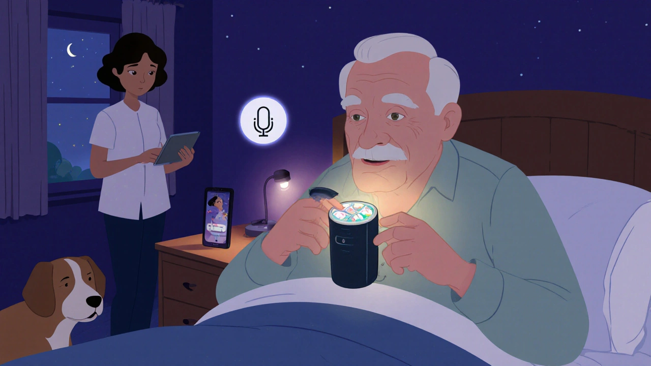 Elderly person using a glowing electronic pill dispenser at bedtime with a caregiver monitoring remotely.