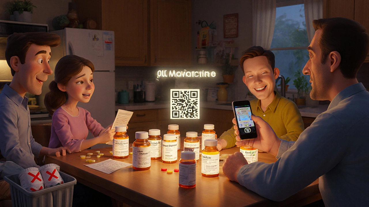 Family reviewing medications at the table with glowing labels and a QR code projecting a dosing video.