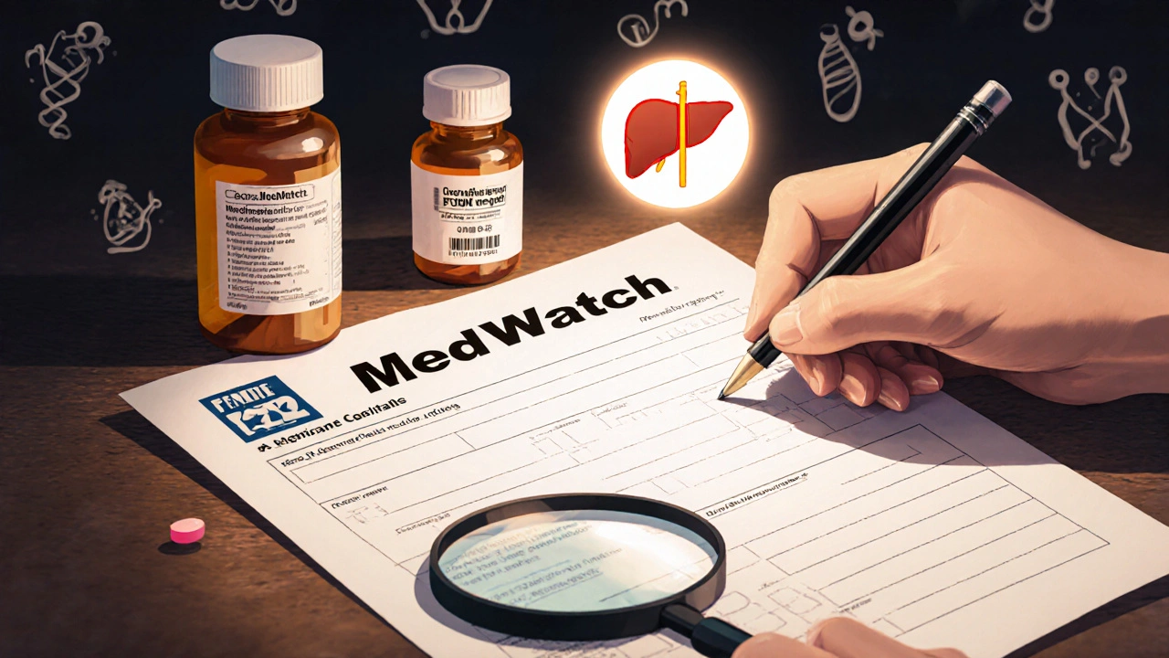 Hand filling out an FDA report with medication bottle and magnifying glass over symbolic health icons.