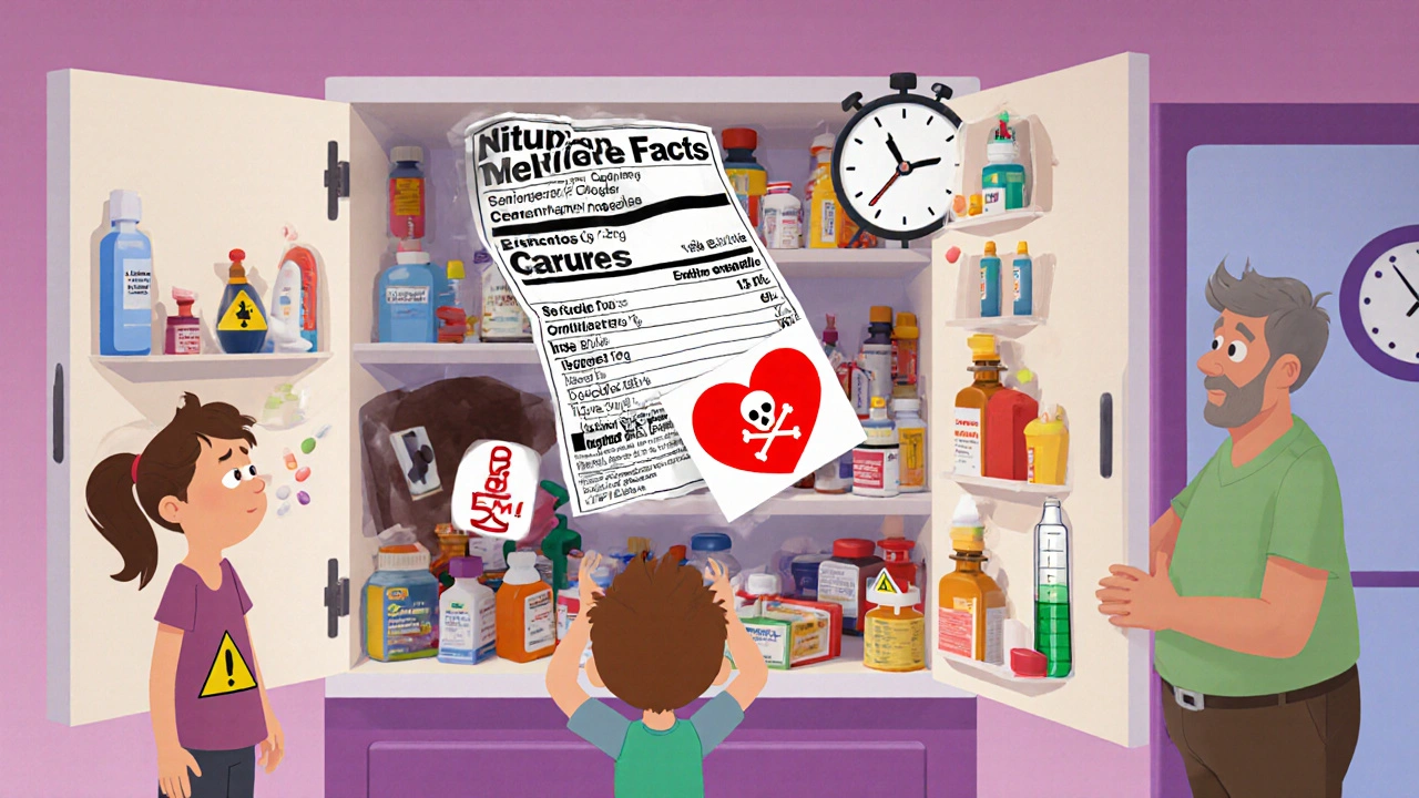 Medicine cabinet opening with floating animated labels showing dosage, weight, and warning icons.