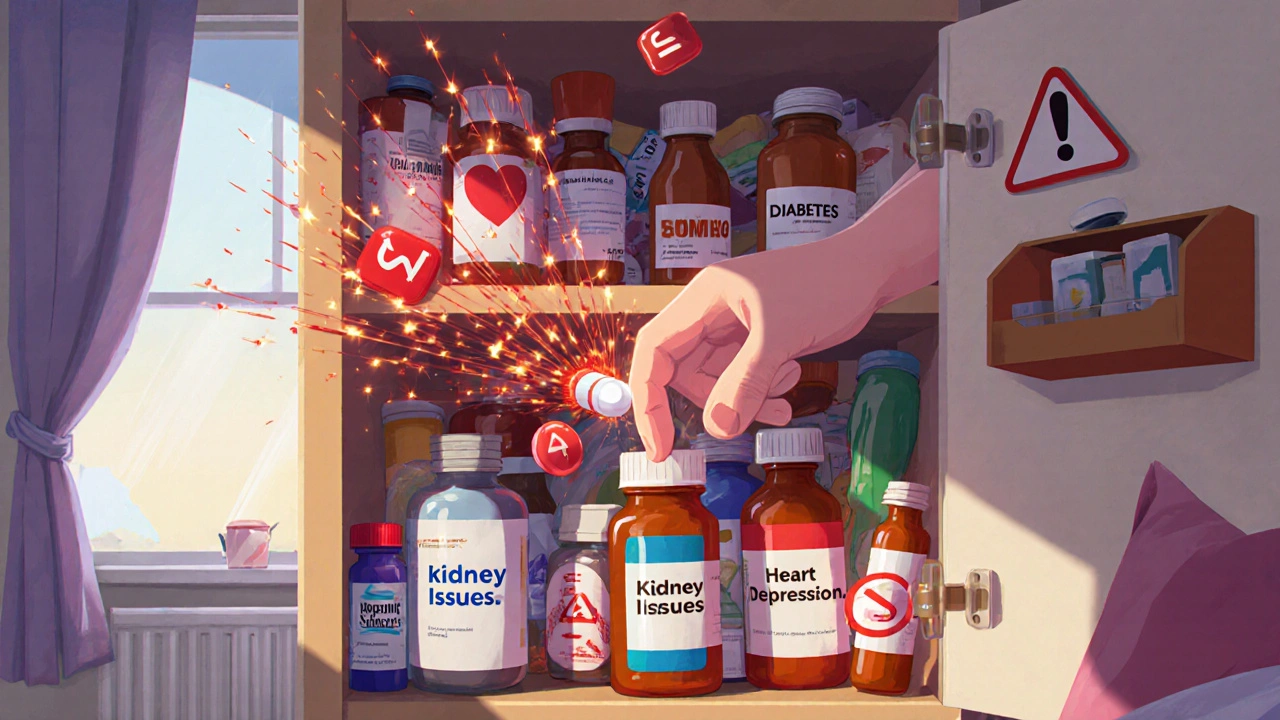 Messy medicine cabinet with pills sparking dangerous interactions, morning light streaming in.