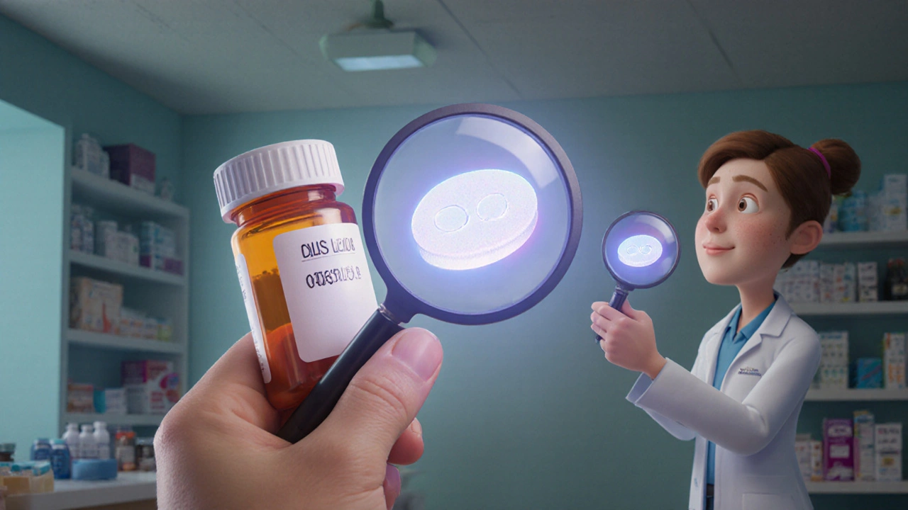 Patient examining pill imprint with magnifying glass, comparing it to brand version