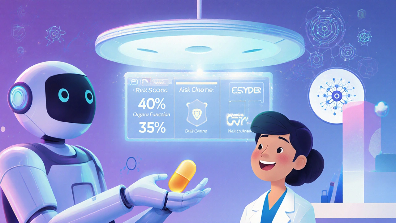 Patient in futuristic clinic receiving personalized pill from robot pharmacist, digital health dashboard glowing.