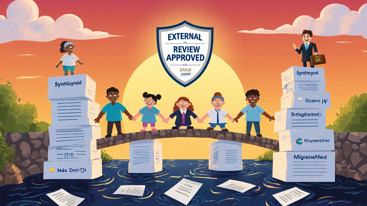 Patients walk across a bridge of appeal letters toward an approved shield, leaving behind a river of denied claims under a hopeful sunrise.