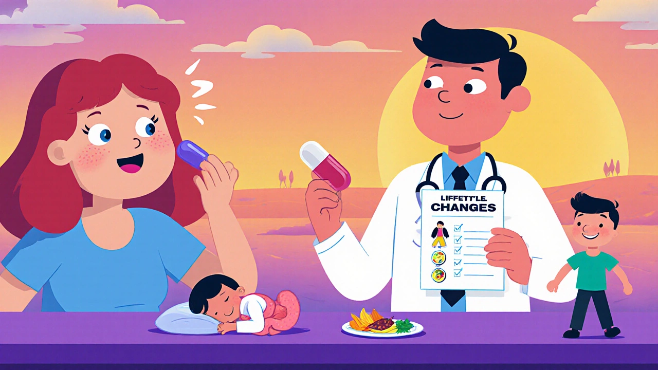 Person gradually reducing PPI dose while doctor guides lifestyle changes in Pixar animation style.