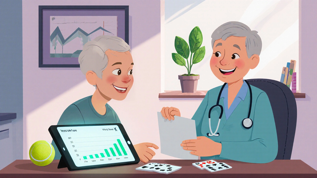 Senior patient sharing a paper diary with a doctor, portion guides and tablet visible on desk.