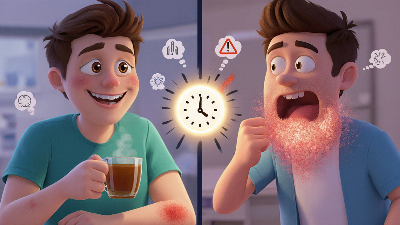 Split scene: mild rash fading vs. severe allergic reaction with timing arrow
