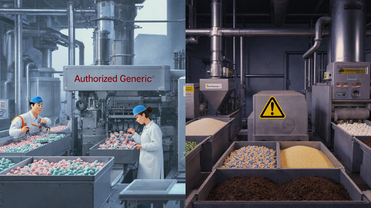 Split-screen of two drug factories producing authorized vs traditional generics