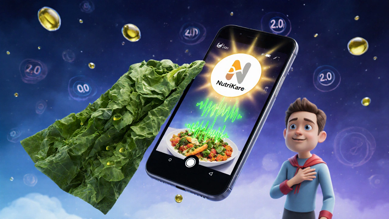 Superhero cape of greens and oil above a phone camera, AI analyzing a meal with glowing INR targets.