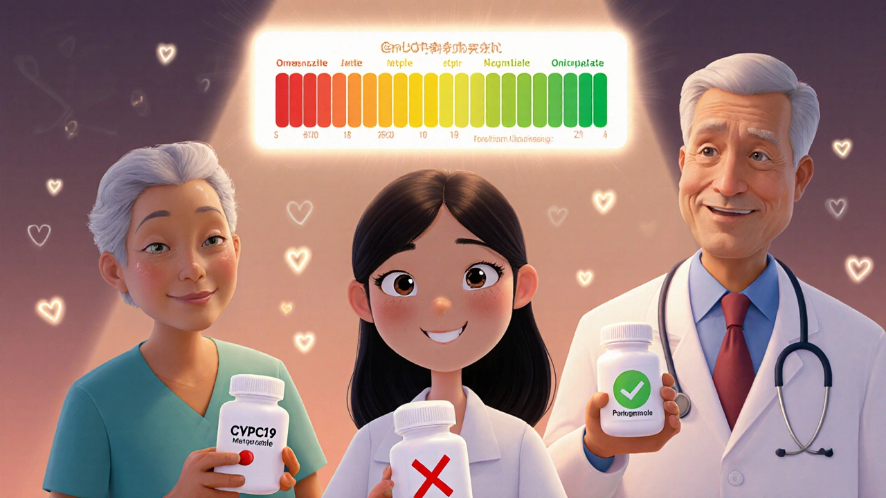Three patients with pill bottles and a genetic chart above, showing one with omeprazole crossed out and pantoprazole approved.