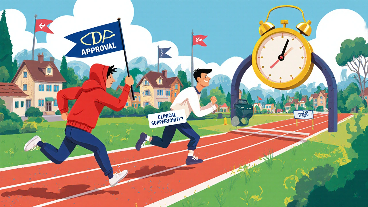 Three pharmaceutical companies race to FDA approval, with a seven-year clock as the finish line.