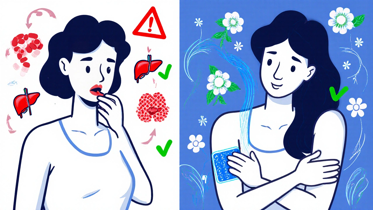 Two paths showing oral pills with warning symbols versus a patch with safe energy flow to the bloodstream.