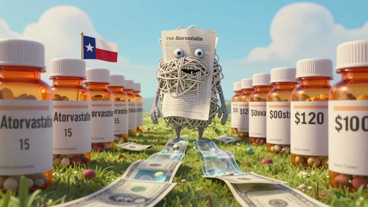 A cartoon PBM creature controlling pill prices, with  and 0 bottles on either side, in Pixar animation style.