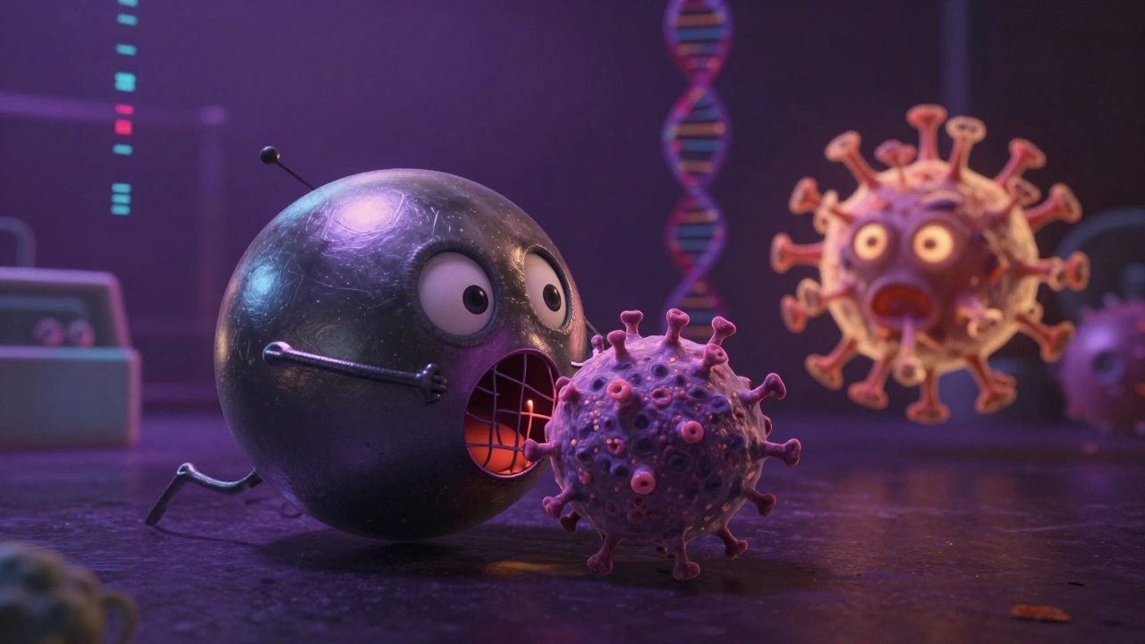 A clever iron-disguised antibiotic being absorbed by a resistant bacterium, with a phage virus approaching.