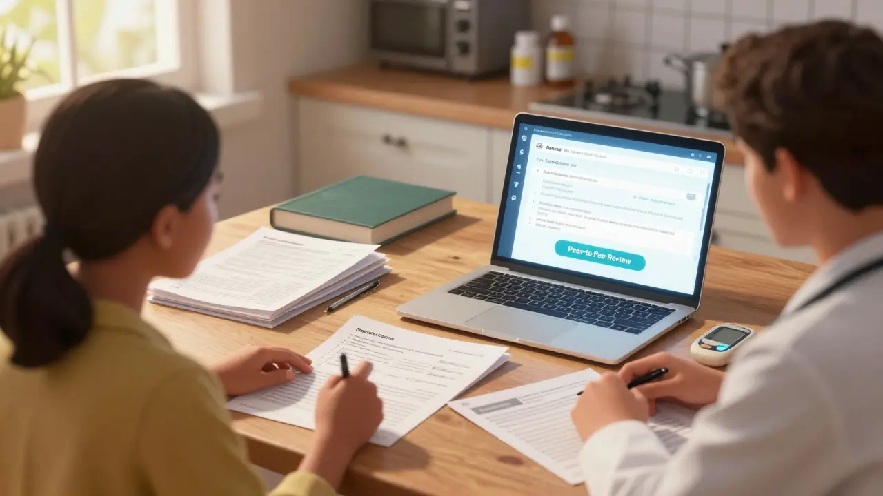 A doctor and patient review medical records at a kitchen table, with an appeal form glowing on a laptop screen.