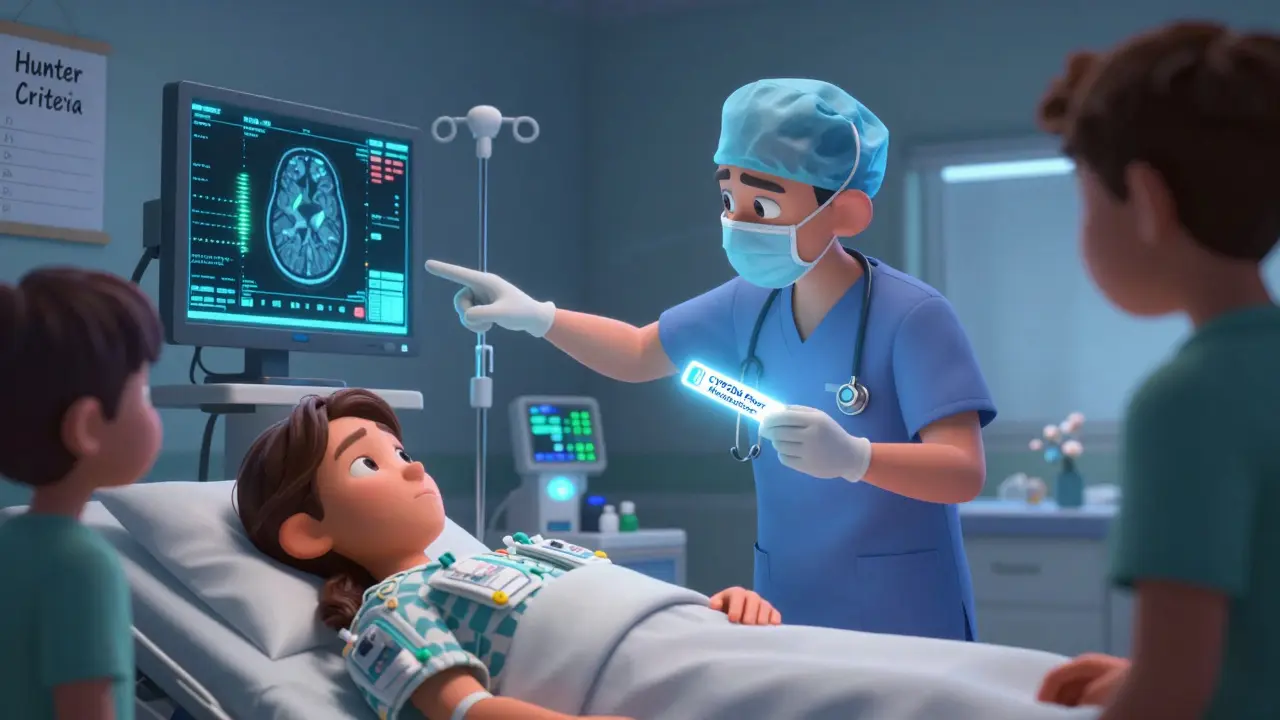 A doctor shows a genetic test result to a patient in an ER, with a monitor displaying serotonin overload spikes.