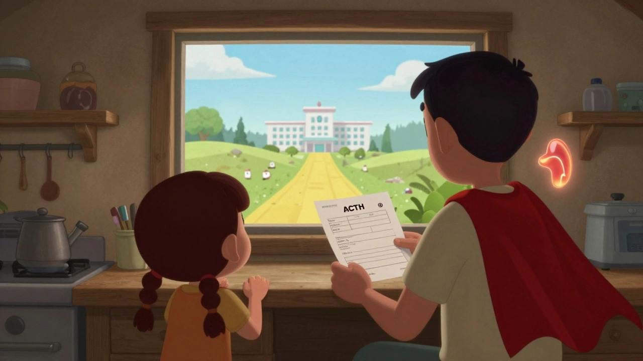 A family in a rural kitchen looking toward a distant hospital, with a glowing adrenal gland symbol above the patient.