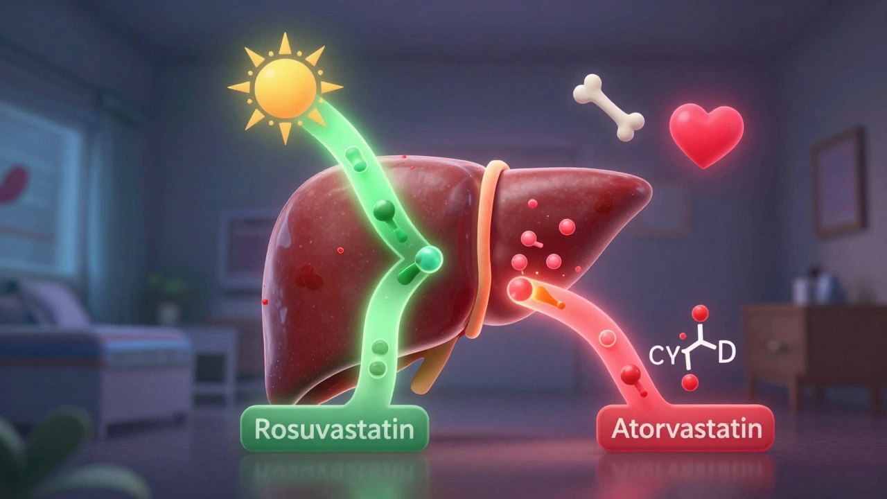 A glowing liver with two pathways showing how different statins interact with vitamin D.