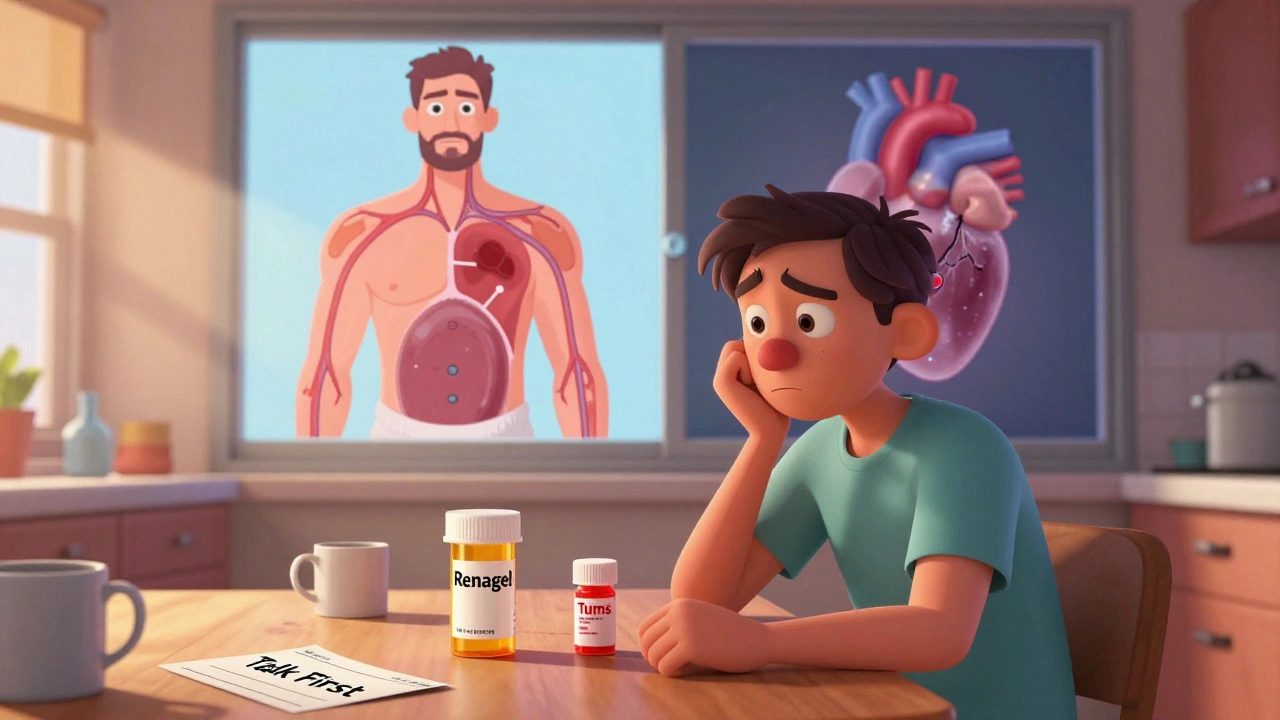 A patient torn between over-the-counter antacid and prescription binder, with two future outcomes shown.