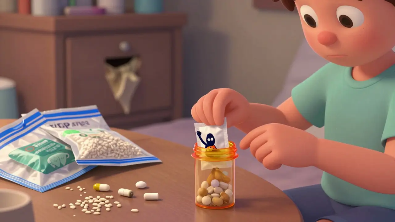 A person closing a pill bottle tightly as a superhero desiccant packet waves inside, bad storage methods crumbling away.