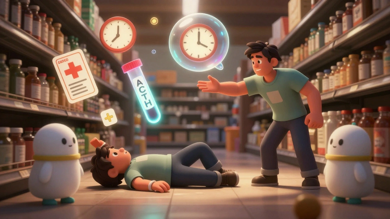 A person collapsing in a grocery store, surrounded by floating emergency symbols including a steroid card and ACTH test tube.