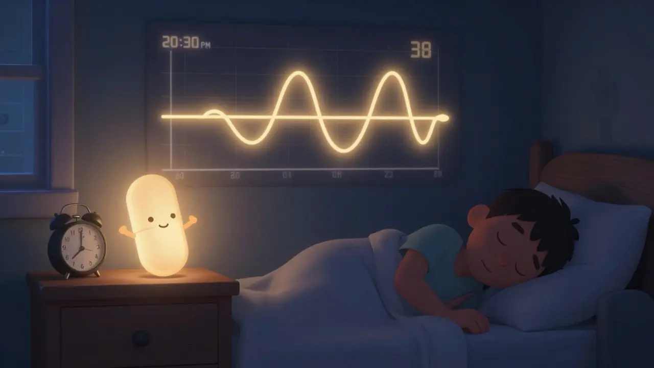 A person sleeping peacefully as a glowing pill calms their blood pressure graph at night.