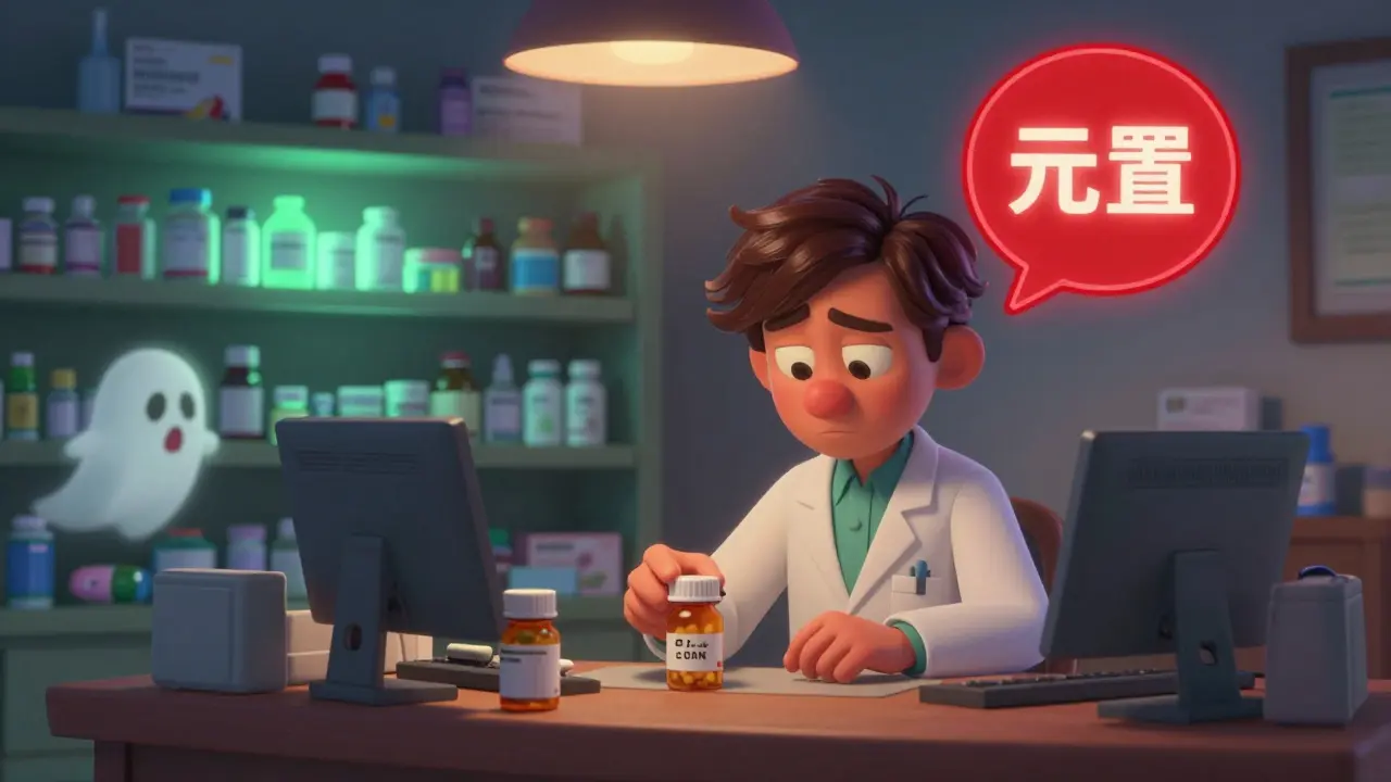 A pharmacist spots a fake drug on a scanner, while verified pills glow safely on the shelf.