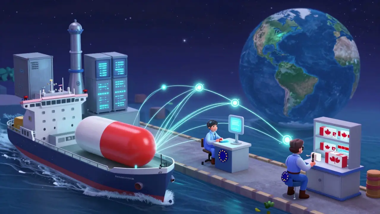 A pill travels the world via shipping routes, connected by glowing data lines between countries.