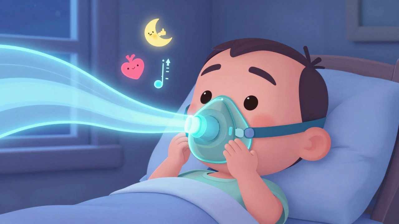 A smiling person using CPAP with glowing air streams keeping their airway open.