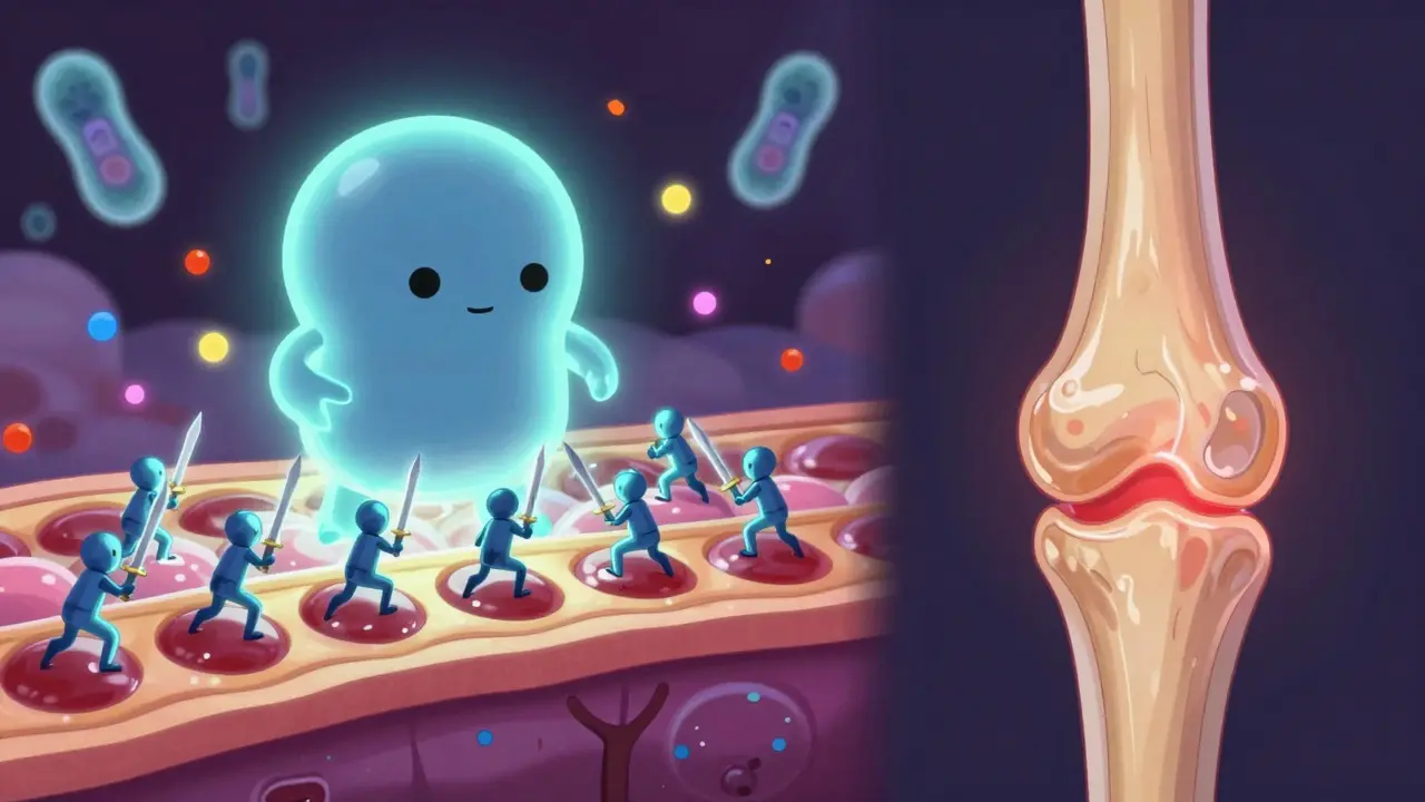 A stylized battle inside a joint where immune cells attack the synovial lining, with glowing inflammation particles.