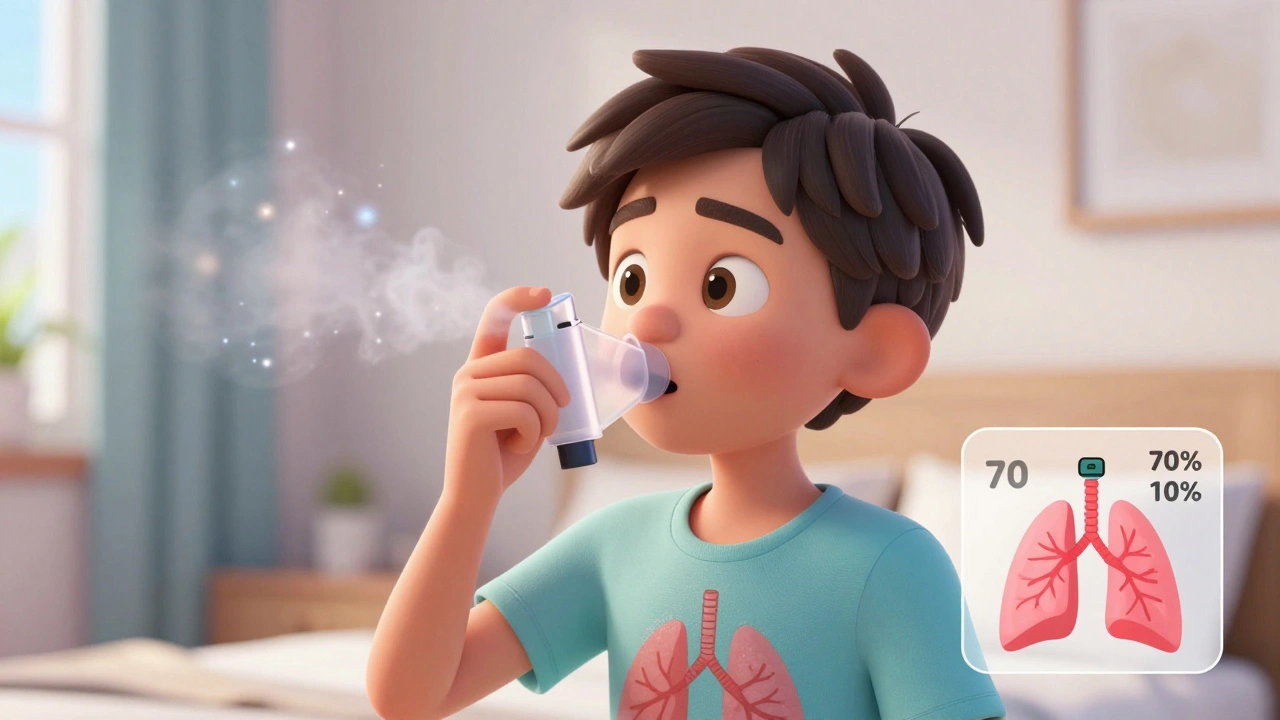 A teen using an inhaler with a spacer, showing medicine particles reaching the lungs.