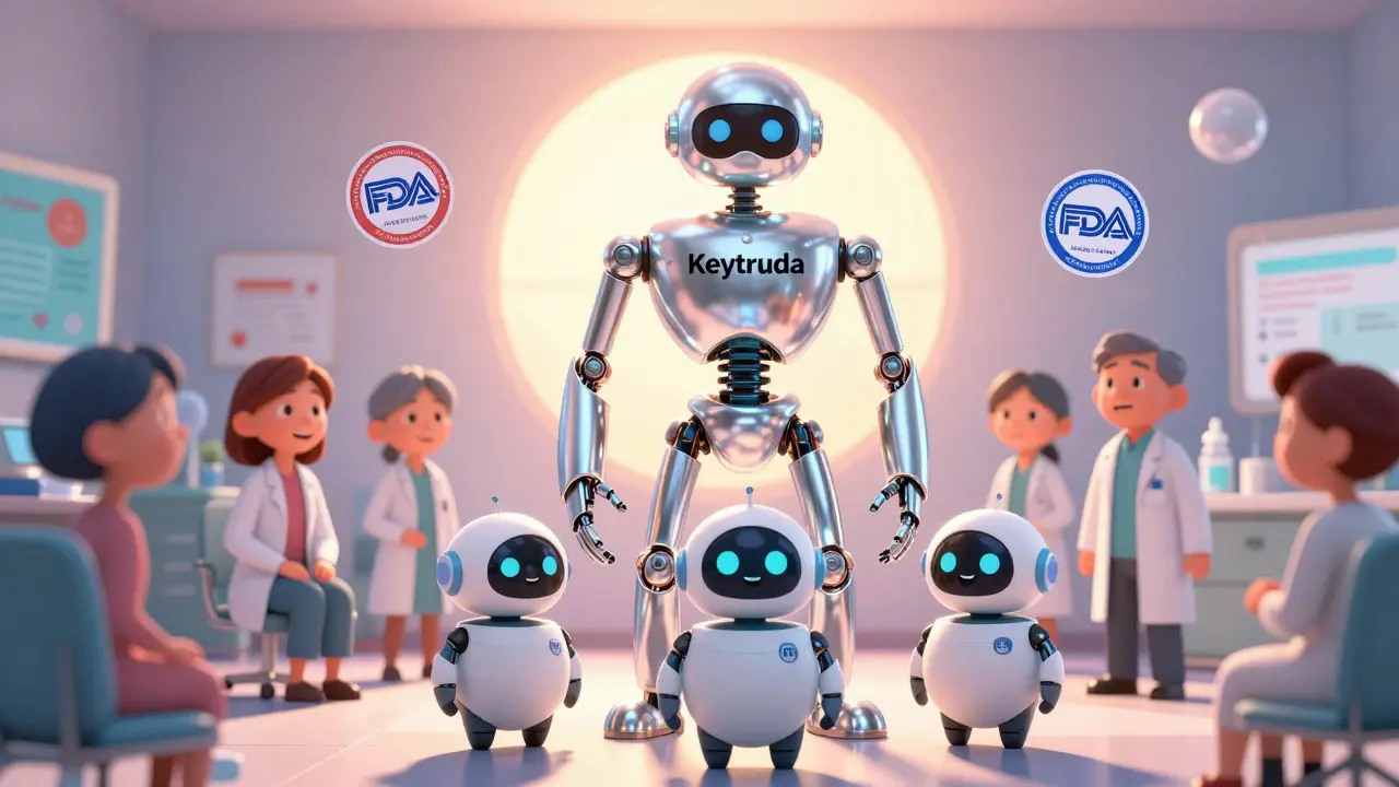 A towering Keytruda robot being replaced by friendly biosimilar robots in a clinic.